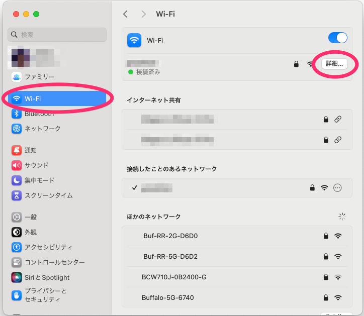 システム設定画面の「Wi-Fi」をクリックする。現在接続しているWi-FIの「詳細」をクリックする